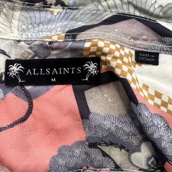 AllSaints Shield Crane Print Viscose Camp Shirt M Pink Japanese Art Aesthetic - Picture 3 of 8